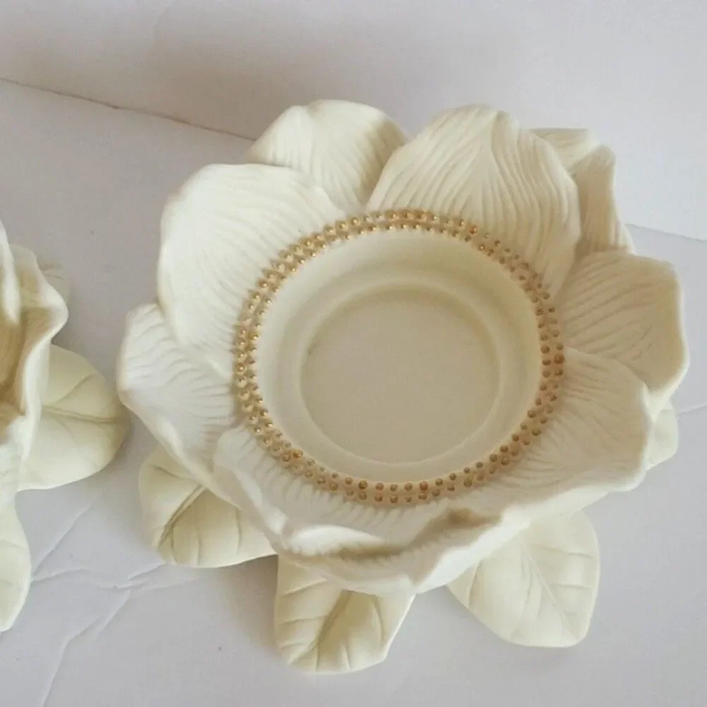 PartyLite P7369 Magnolia Lotus Flower Candle Holders Set of 2 Bisque Porcelain